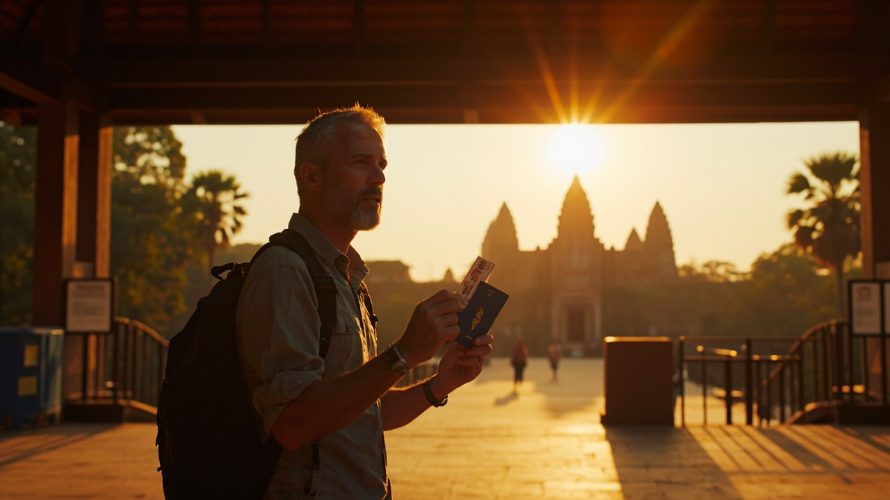 American traveler in their late 30s holding an Angkor Pass photo ticket at the official ticket center in Siem Reap, blue US passport in the other hand, the temples of Angkor in the soft-focus distance at golden hour