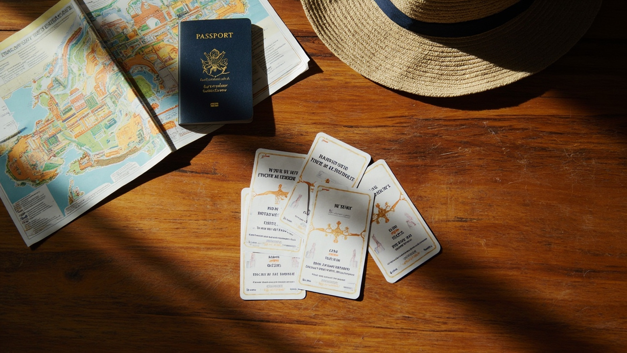 Overhead flat-lay of three printed admission cards fanned on a warm wooden desk beside a small map, a blue US passport, and a folded sun hat, with no legible text on any item