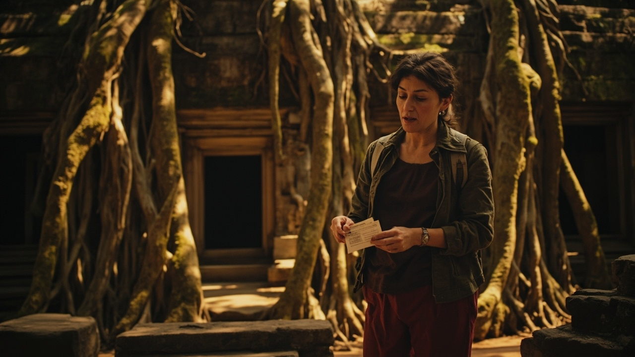 American traveler in modest covered-shoulder dress presenting a small admission card at a temple entrance among the tree roots of Ta Prohm, golden light filtering through the canopy