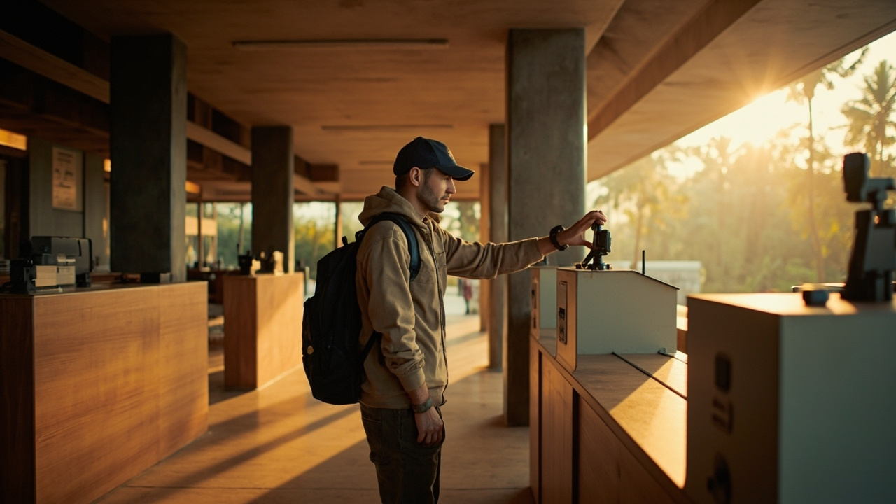 American traveler at a row of ticket-center counters near Siem Reap having a photo taken at a small built-in counter camera, calm staff member just off-frame, soft morning light