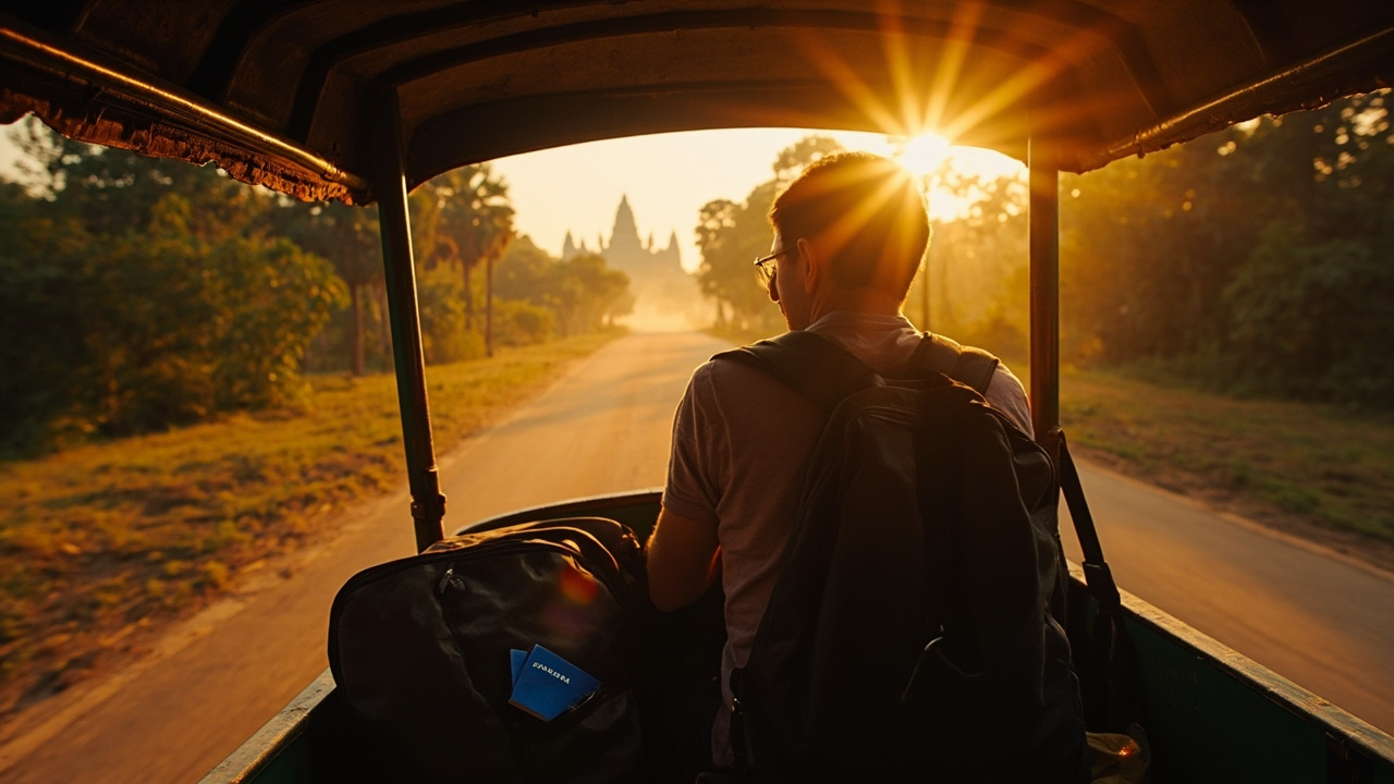 American traveler riding a tuk-tuk along a tree-lined road toward the Angkor temples at golden hour, blue US passport tucked in a daypack, temple spires rising in the distance