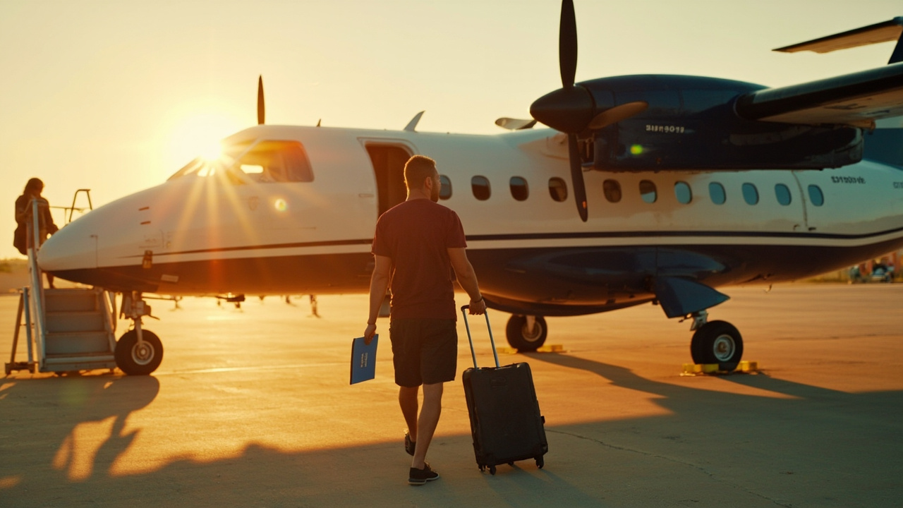 Small regional turboprop on a sunlit Cambodian tarmac with an American traveler walking toward the boarding stairs holding a blue passport