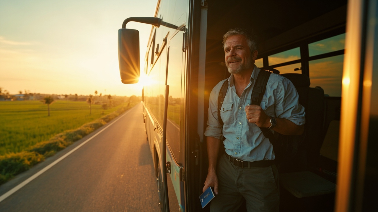 Modern air-conditioned express coach on a smooth Cambodian expressway through green countryside at golden hour, with an American traveler boarding
