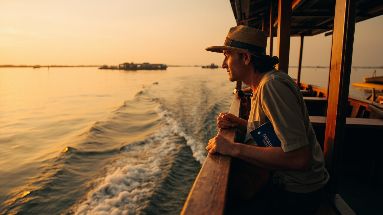 Wooden passenger ferry crossing the wide Tonle Sap past stilt-house villages at golden hour, with an American traveler on the upper deck
