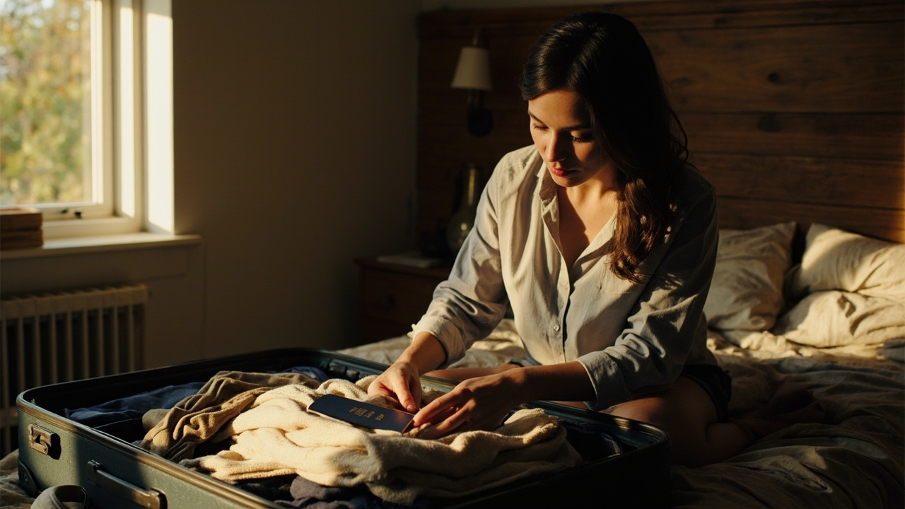 American traveler packing an open suitcase at home with modest temple-appropriate clothing, light layers, and a blue US passport on top