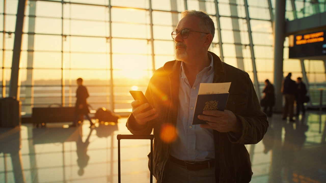 American traveler at a bright airport holding a blue US passport with a folded printed document and a phone showing a generic QR code at golden hour