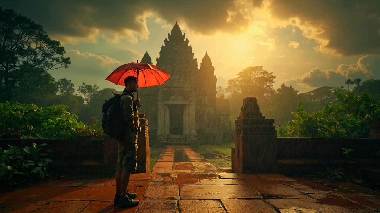 American traveler in a light packable rain shell holding a compact umbrella under a short green-season afternoon downpour near a Cambodian temple