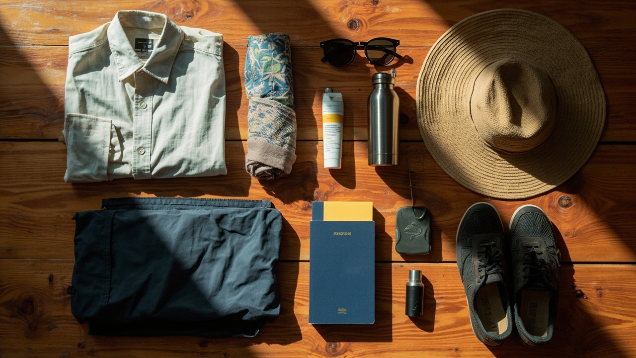 Overhead flat-lay of Cambodia packing essentials — light clothing, scarf, sunscreen, hat, water bottle, walking shoes, and a blue US passport on a warm wooden surface