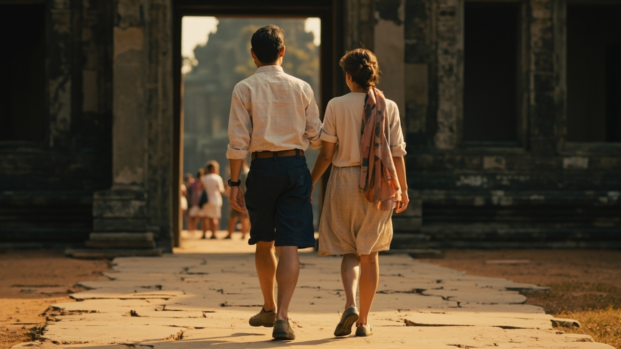 American couple dressed modestly with shoulders and knees covered walking respectfully toward an Angkor temple entrance in warm morning light