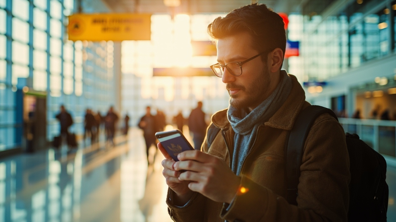 American traveler with a blue US passport activating a Cambodia eSIM on a smartphone at a sunlit airport arrivals hall