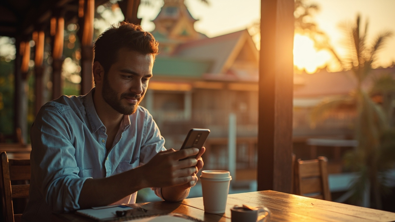 American traveler checking a phone map on hotel Wi-Fi at a sunlit Cambodian cafe with temple silhouettes in the warm background