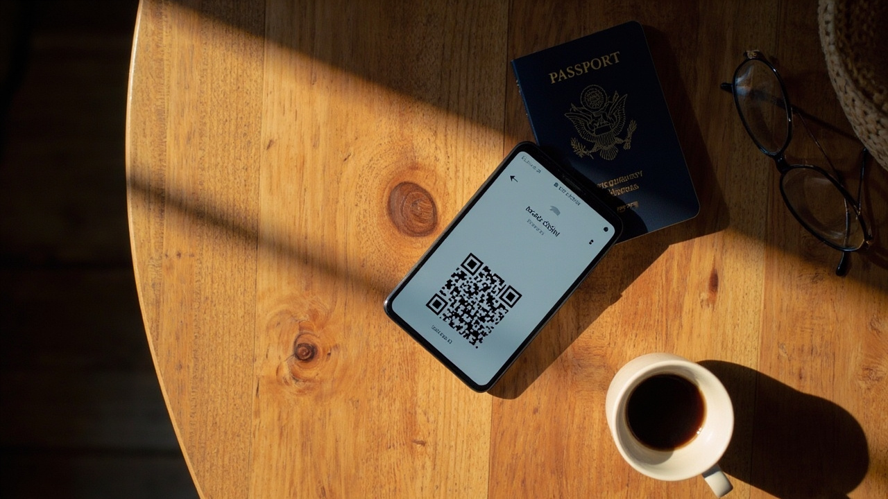 Overhead view of a smartphone displaying a generic eSIM QR code beside a blue US passport and a coffee on a warm wooden table at home