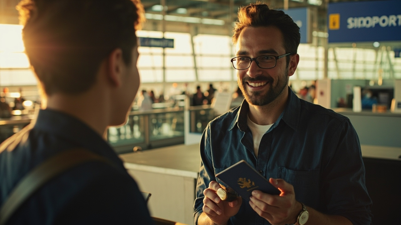 American traveler handing a blue US passport across a SIM kiosk counter at a Cambodian airport while staff register a SIM card