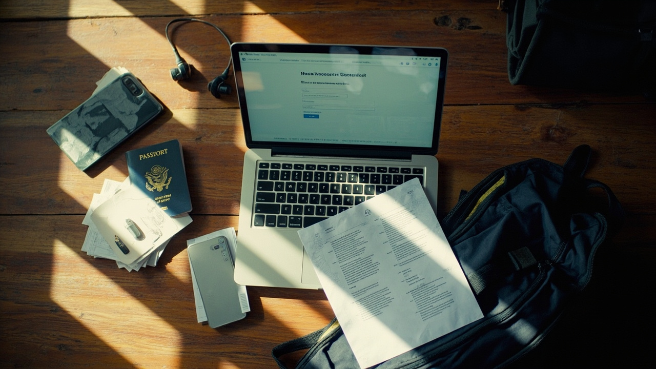 Overhead flat-lay of pre-trip essentials at home — blue US passport, a laptop showing a generic enrollment screen, travel insurance papers, and a packed daypack