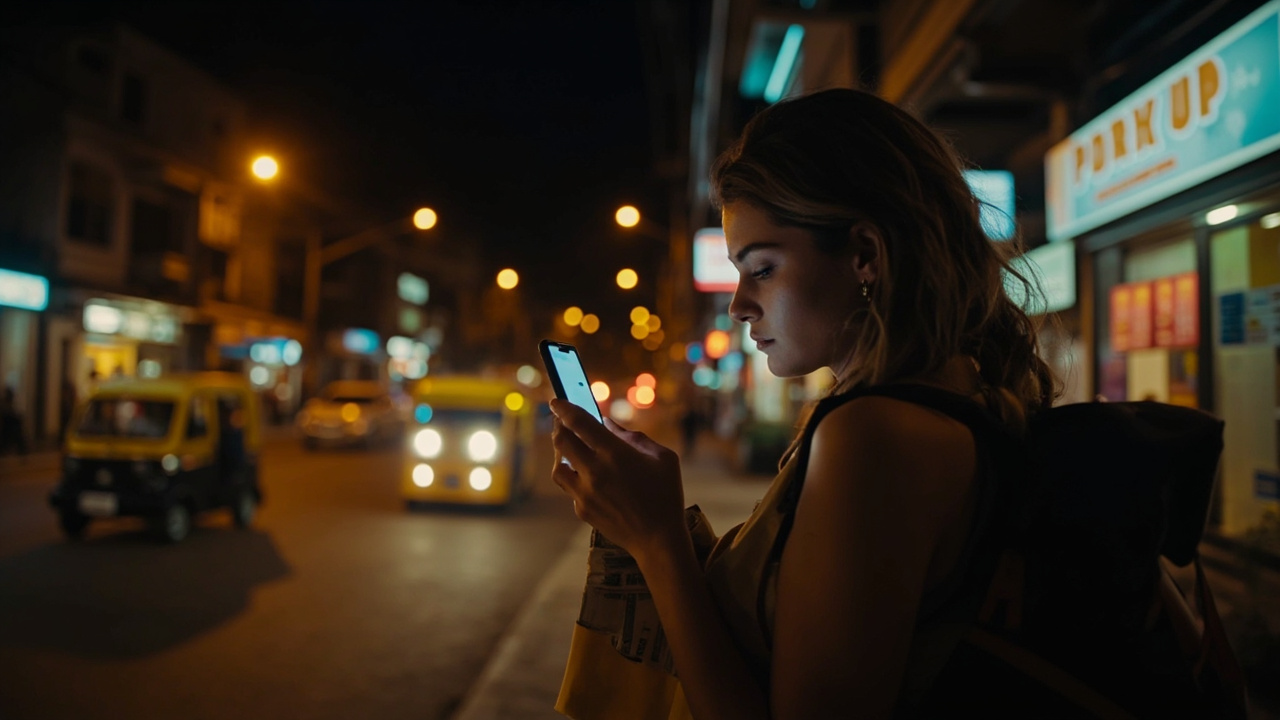 Solo American traveler booking a rideshare on a phone at night in Cambodia, US dollars in small bills and a phone with a generic ride app glow