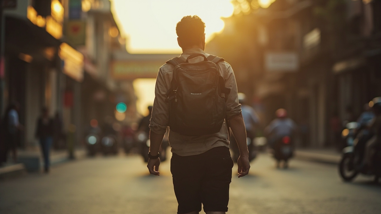 Solo American traveler walking confidently along a Phnom Penh street in daylight, daypack worn on the front, phone tucked away, blue US passport pouch visible