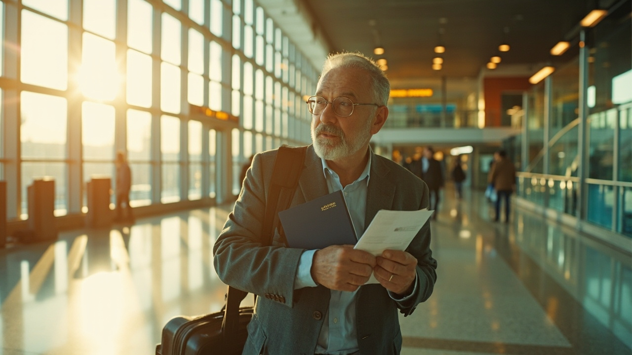 American traveler with a wheeled bag and blue US passport arriving in a bright modern airport arrivals hall at golden hour