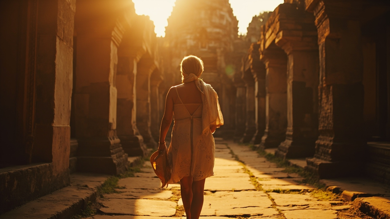 American traveler in modest shoulder- and knee-covering clothing with a light scarf walking near an Angkor temple at golden hour