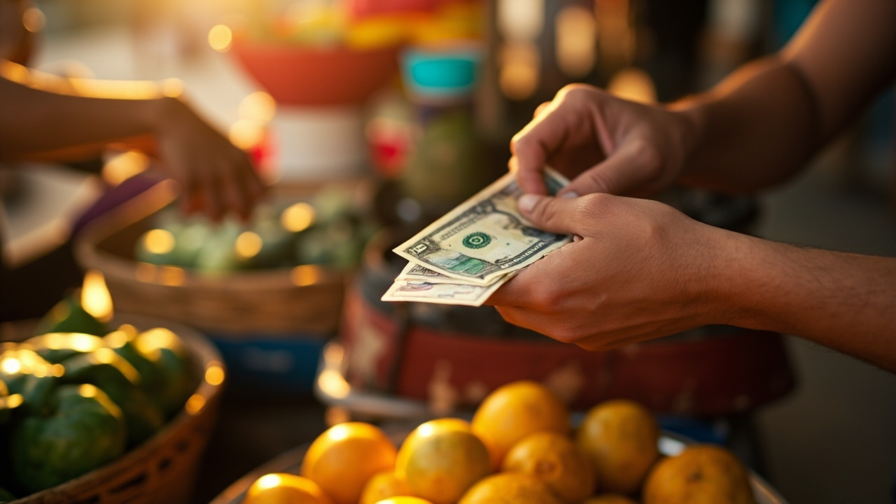 A hand paying with crisp US dollar bills at a sunlit Cambodian market stall, warm earth tones and golden light