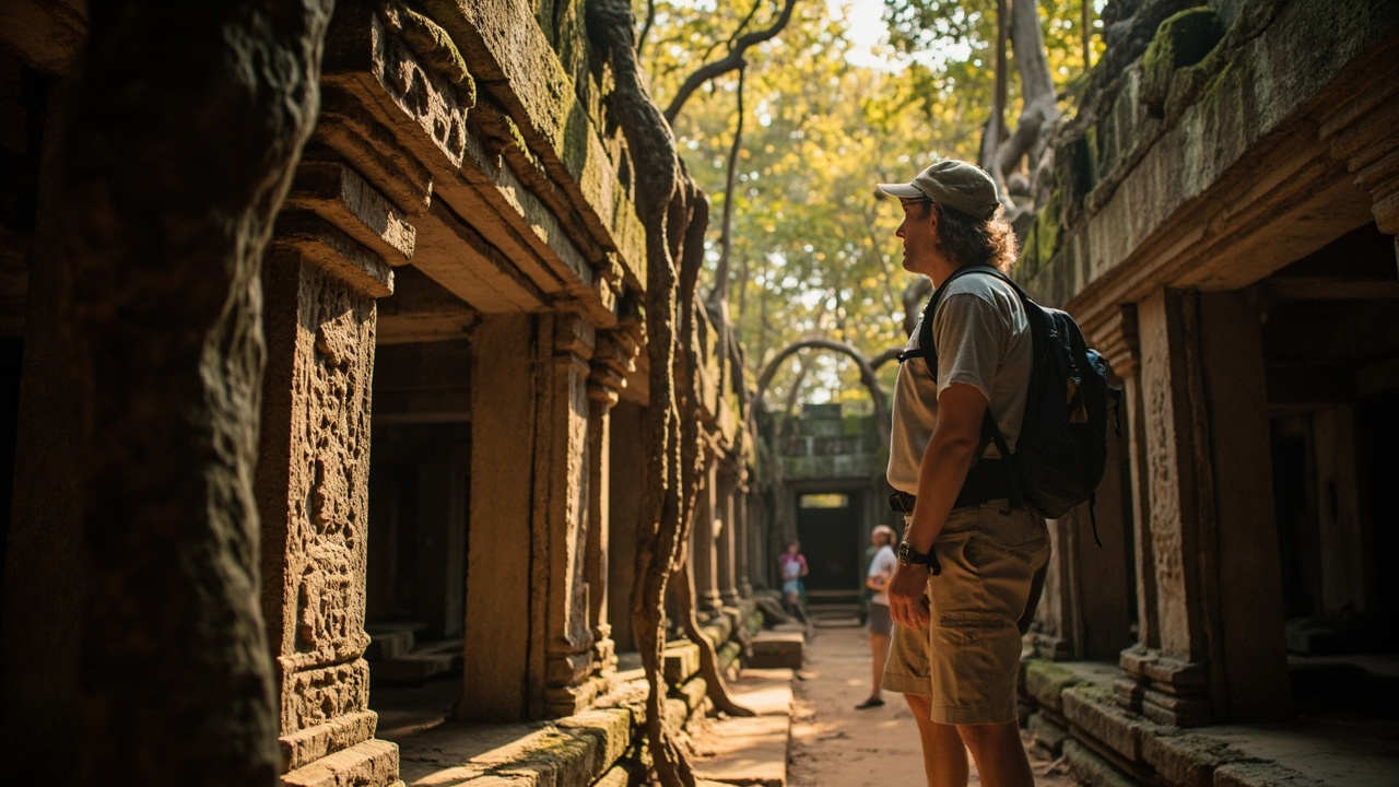 American traveler exploring the tree-strangled stone ruins of a jungle temple at Angkor in warm morning light