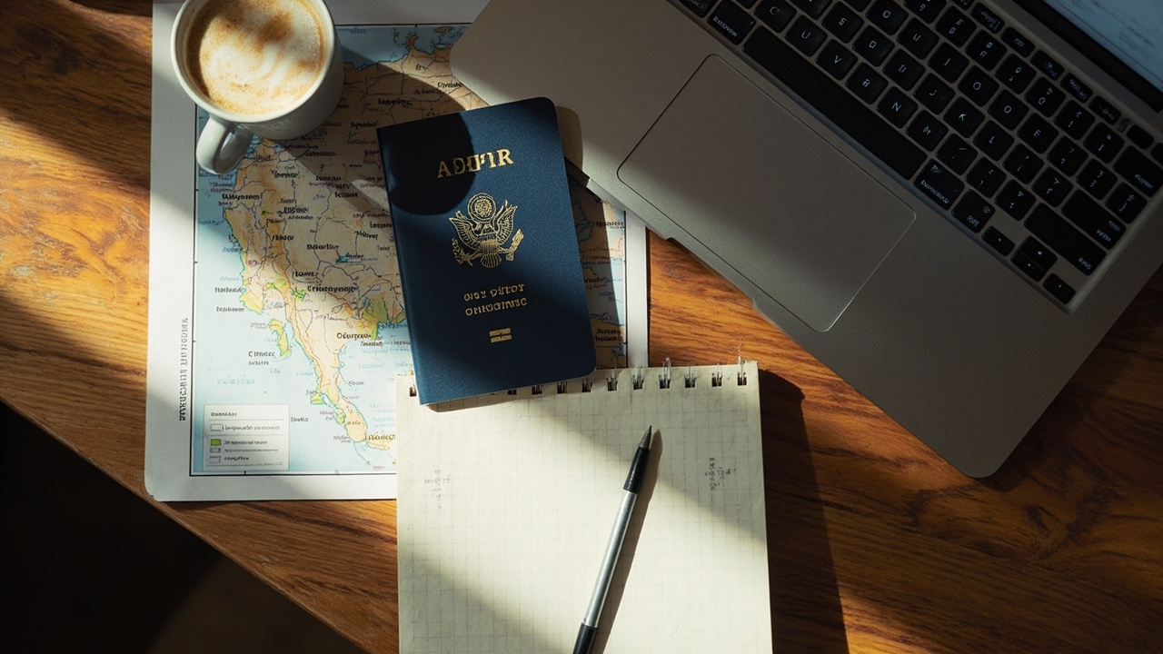 Overhead flat-lay of a blue US passport, a soft-focus map of Cambodia, a laptop, and coffee on a warm wooden desk while planning a one-week trip